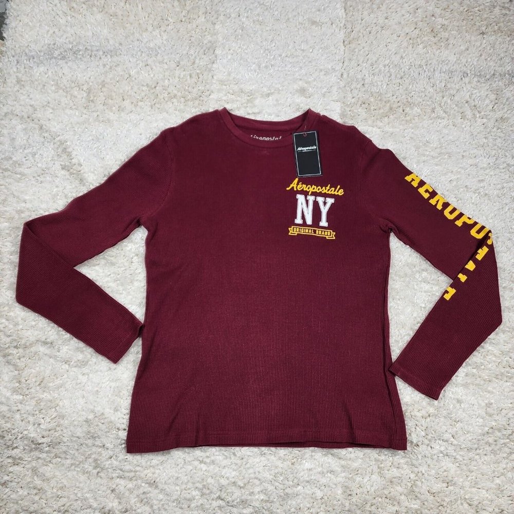 Aeropostale T Shirt Mens Adult Small Burgundy Spell Out New York Ribbed Top